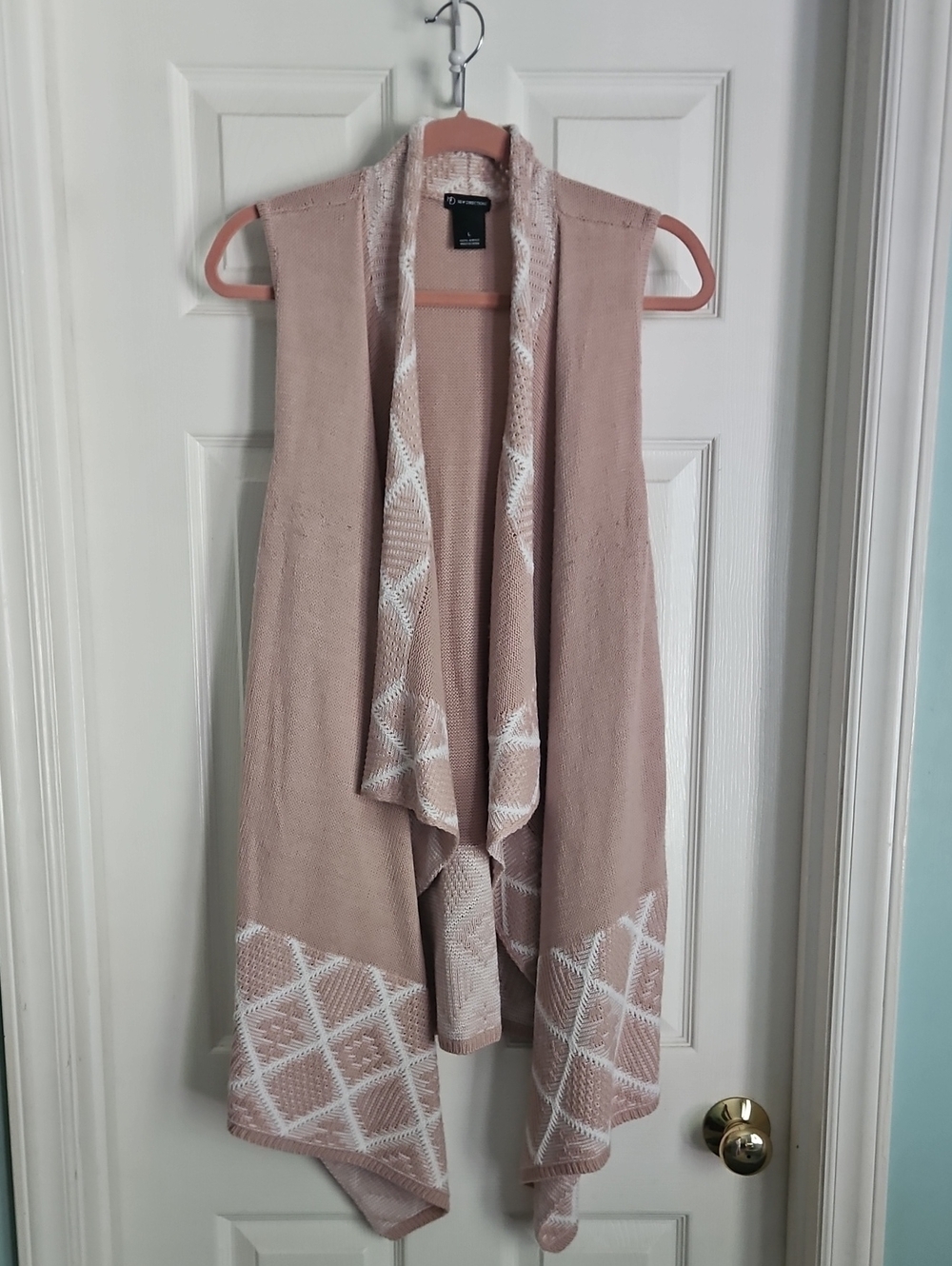 new directions Dusty Blush Pink Open-Front Knit Draped Vest w/ White Trim Lg
